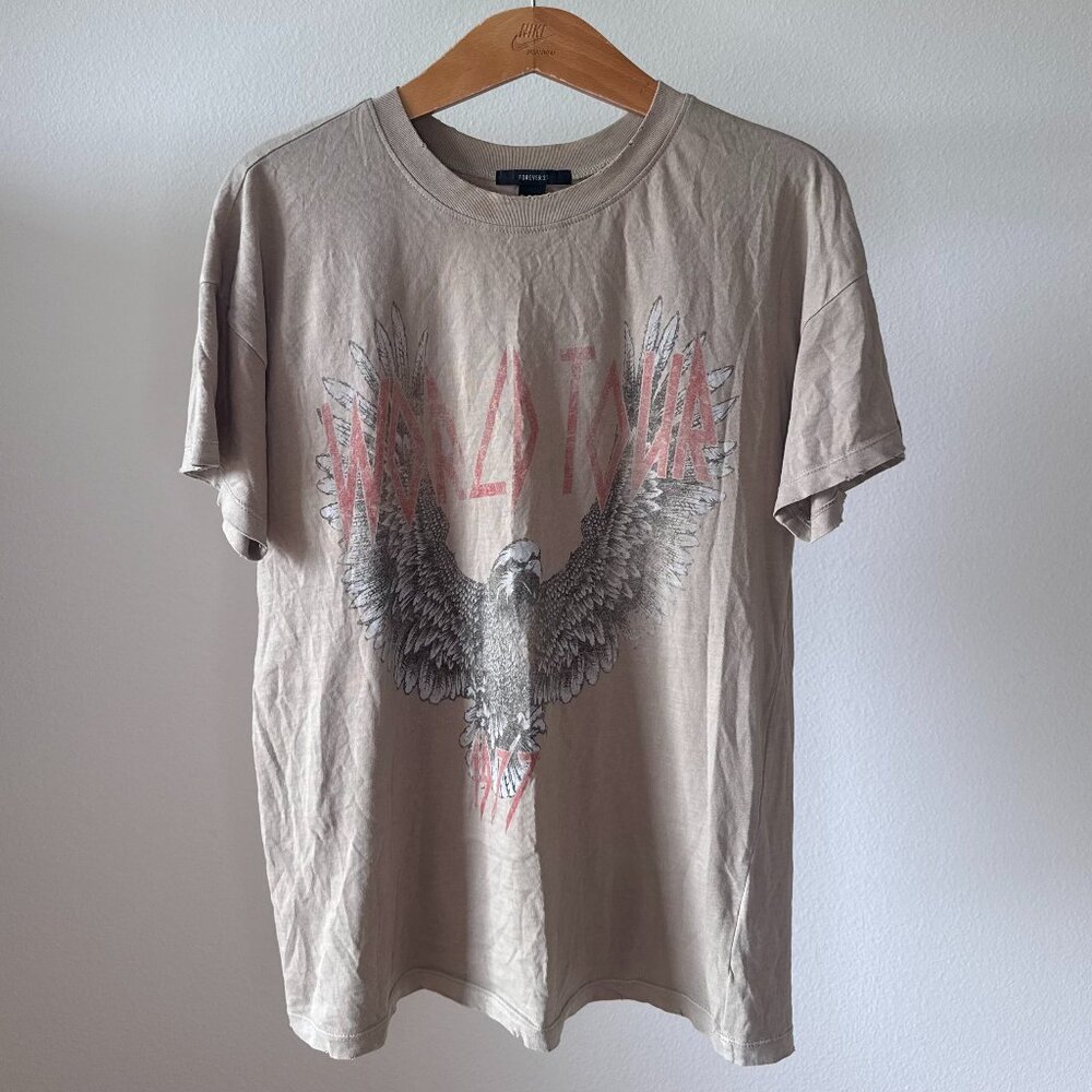 Forever 21 Taupe Oversized Graphic Tee Eagle World Tour | Moto Boho Punk Grunge